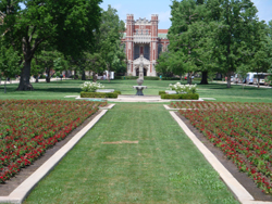 building with trees and flowers